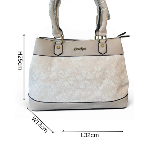 Cotton Road Handbag: BEIGE FLORAL PU Leather with Matching Wallet