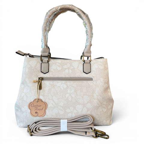 Cotton Road Handbag: BEIGE FLORAL PU Leather with Matching Wallet