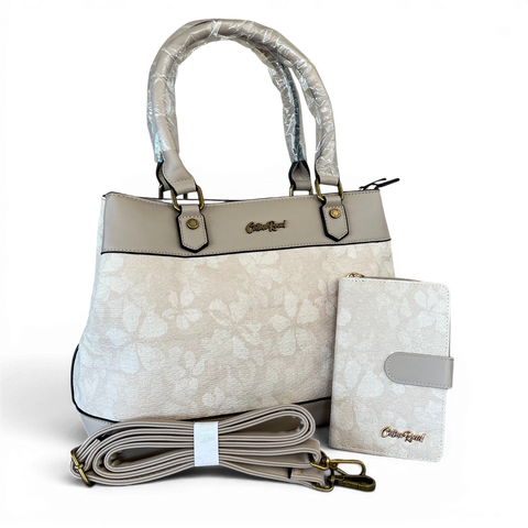 Cotton Road Handbag: BEIGE FLORAL PU Leather with Matching Wallet