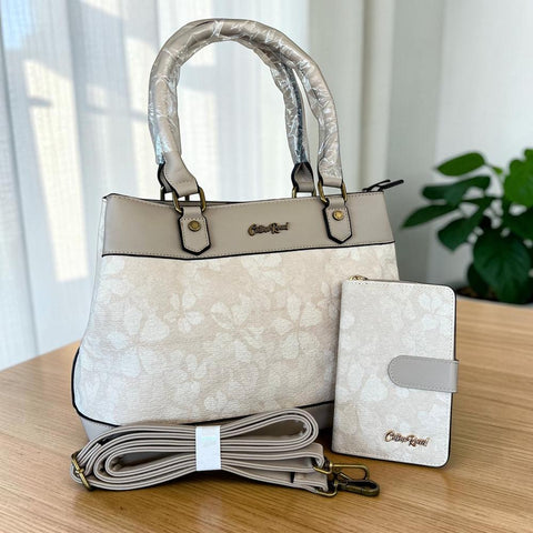 Cotton Road Handbag: BEIGE FLORAL PU Leather with Matching Wallet