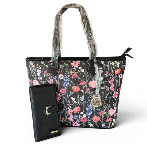 Cotton Road Handbag: BLACK FLORAL PU LEATHER & Matching Wallet