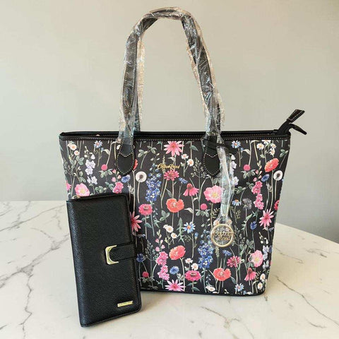 Cotton Road Handbag: BLACK FLORAL PU LEATHER & Matching Wallet