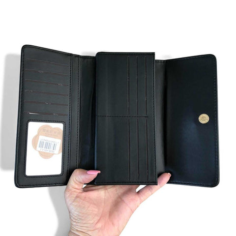 Cotton Road Handbag: BLACK Floral PU Leather Barrel Bag with Matching Wallet