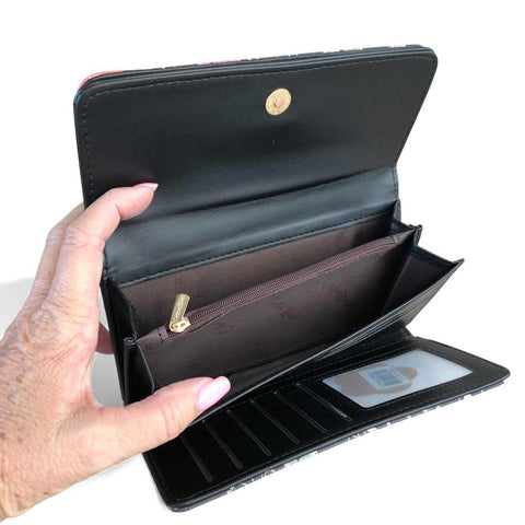 Cotton Road Handbag: BLACK Floral PU Leather Barrel Bag with Matching Wallet