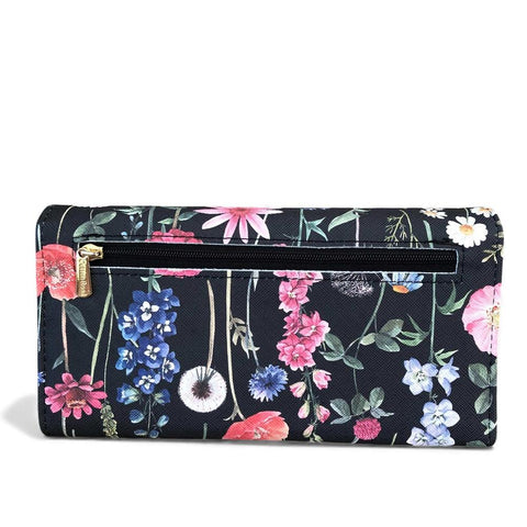 Cotton Road Handbag: BLACK Floral PU Leather Barrel Bag with Matching Wallet
