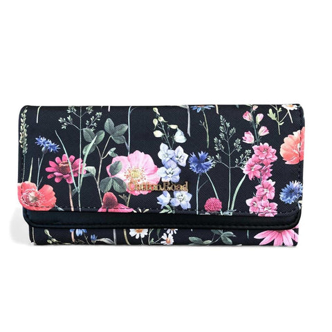 Cotton Road Handbag: BLACK Floral PU Leather Barrel Bag with Matching Wallet