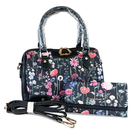 Cotton Road Handbag: BLACK Floral PU Leather Barrel Bag with Matching Wallet