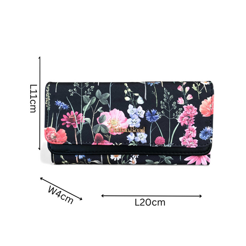 Cotton Road Handbag: BLACK Floral PU Leather Barrel Bag with Matching Wallet