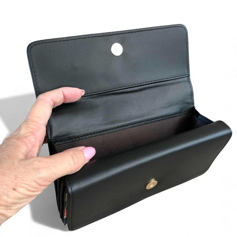 Cotton Road Handbag: BLACK Floral PU Leather Barrel Bag with Matching Wallet