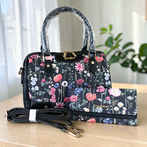 Cotton Road Handbag: BLACK Floral PU Leather Barrel Bag with Matching Wallet