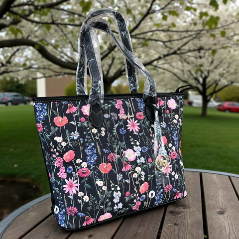 Cotton Road Handbag: BLACK PU LEATHER with FLORAL Panel