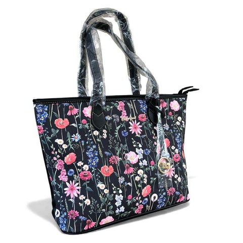 Cotton Road Handbag: BLACK PU LEATHER with FLORAL Panel and Matching Wallet