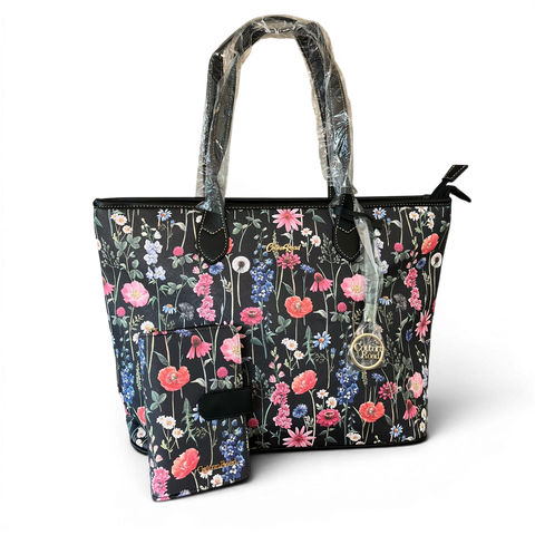 Cotton Road Handbag: BLACK PU LEATHER with FLORAL Panel and Matching Wallet