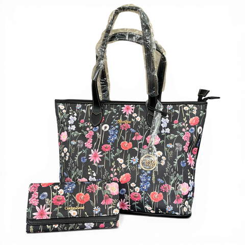 Cotton Road Handbag: BLACK PU LEATHER with FLORAL Panel and Matching Wallet