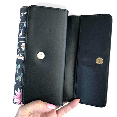 Cotton Road Handbag: BLACK PU LEATHER with FLORAL Panel and Matching Wallet