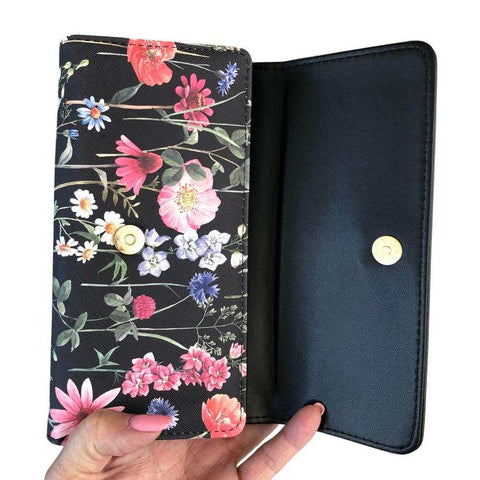 Cotton Road Handbag: BLACK PU LEATHER with FLORAL Panel and Matching Wallet