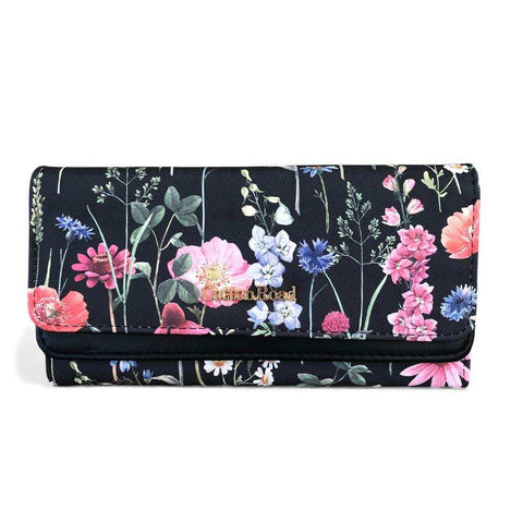 Cotton Road Handbag: BLACK PU LEATHER with FLORAL Panel and Matching Wallet