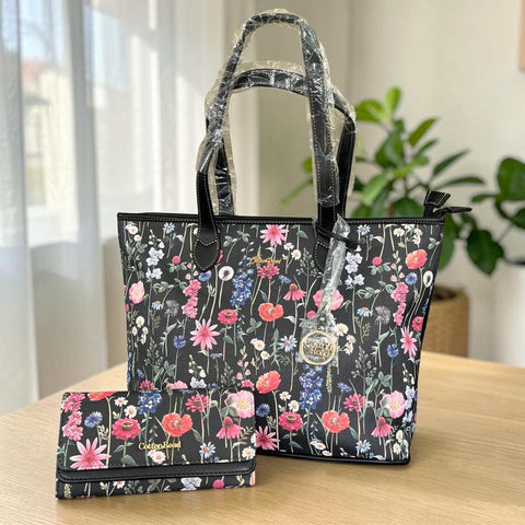 Cotton Road Handbag: BLACK PU LEATHER with FLORAL Panel and Matching Wallet
