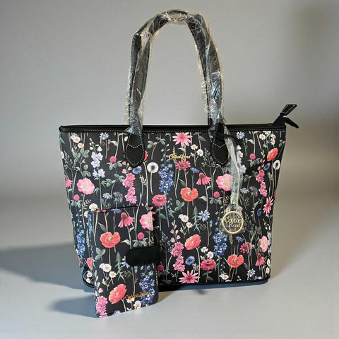 Cotton Road Handbag: BLACK PU LEATHER with FLORAL Panel and Matching Wallet
