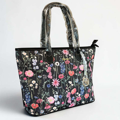 Cotton Road Handbag: BLACK PU LEATHER with FLORAL Panel