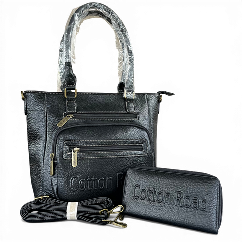 Cotton Road Handbag: BLACK PU Leather BRANDED Handbag with Matching Wallet