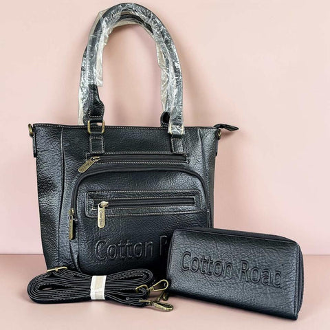 Cotton Road Handbag: BLACK PU Leather BRANDED Handbag with Matching Wallet