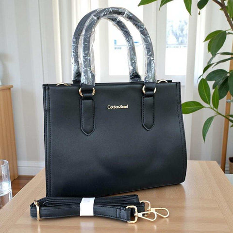 Cotton Road Handbag: BLACK PU Leather Bag with Divider for Women