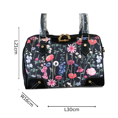Cotton Road Handbag: BLACK PU Leather Barrel Bag with FLORAL Panel