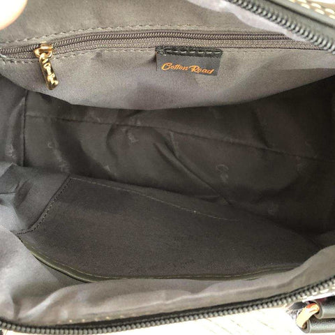 Cotton Road Handbag: BLACK PU Leather Barrel Bag with FLORAL Panel