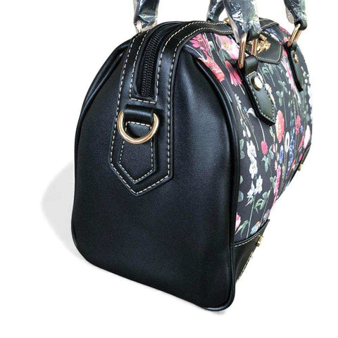 Cotton Road Handbag: BLACK PU Leather Barrel Bag with FLORAL Panel