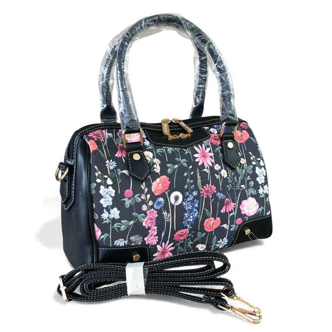 Cotton Road Handbag: BLACK PU Leather Barrel Bag with FLORAL Panel
