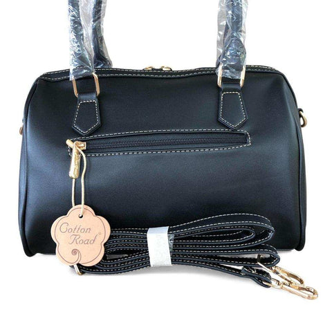Cotton Road Handbag: BLACK PU Leather Barrel Bag with FLORAL Panel
