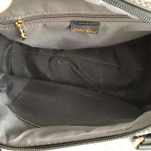 Cotton Road Handbag: BLACK PU Leather Barrel Handbag with FLORAL Panel