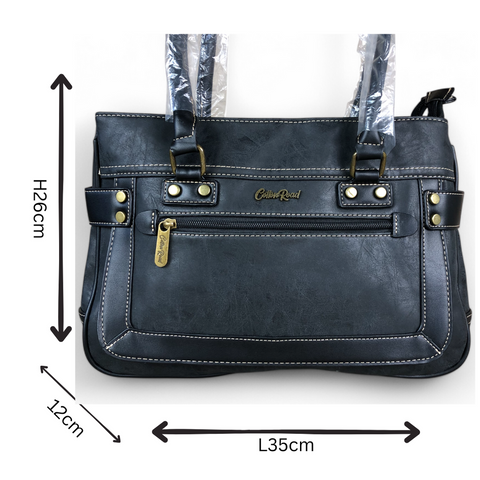 Cotton Road Handbag: BLACK PU Leather Handbag with TRIM