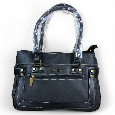 Cotton Road Handbag: BLACK PU Leather Handbag with TRIM