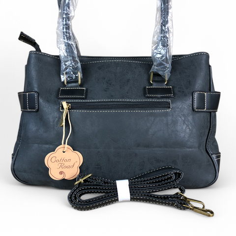 Cotton Road Handbag: BLACK PU Leather Handbag with TRIM