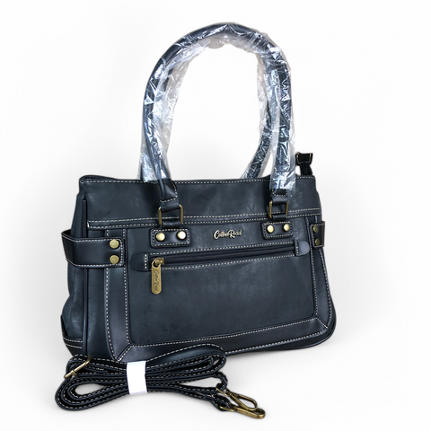 Cotton Road Handbag: BLACK PU Leather Handbag with TRIM