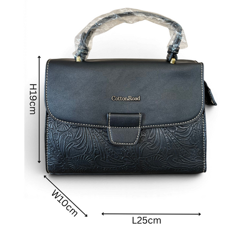 Cotton Road Handbag: BLACK PU Leather with EMBOSSED Panel