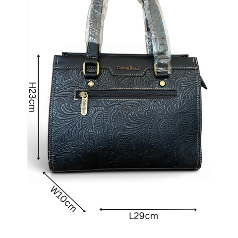 Cotton Road Handbag black embossed PU leather set with matching wallet and antique brass hardware