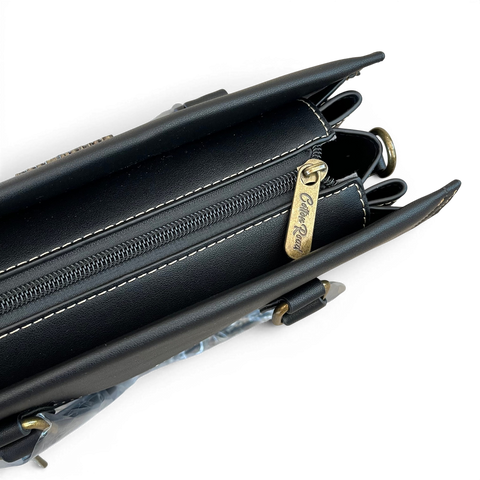 Black Cotton Road Handbag and matching wallet set in embossed PU leather with antique brass hardware