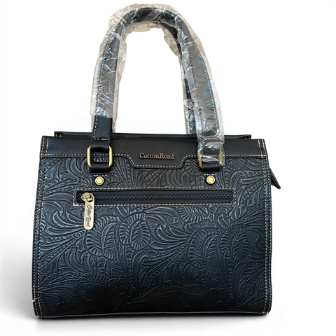 Cotton Road Handbag black embossed PU leather with matching wallet set showcasing botanical design and antique brass hardware