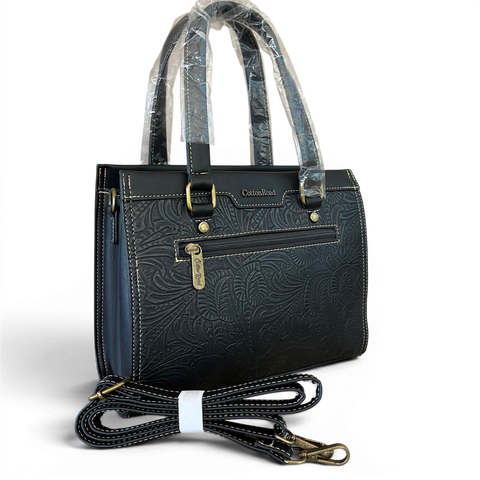 Cotton Road black embossed PU leather handbag with matching wallet set and antique brass hardware