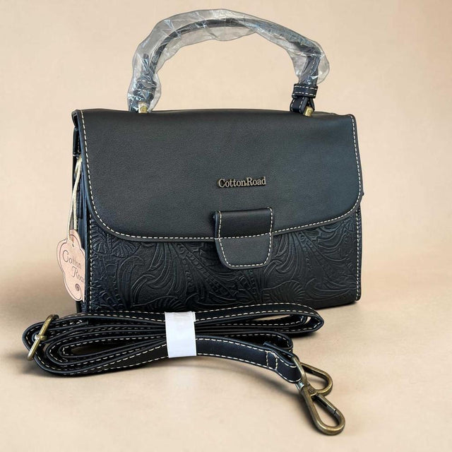 Cotton Road Handbag: BLACK PU Leather with EMBOSSED Panel