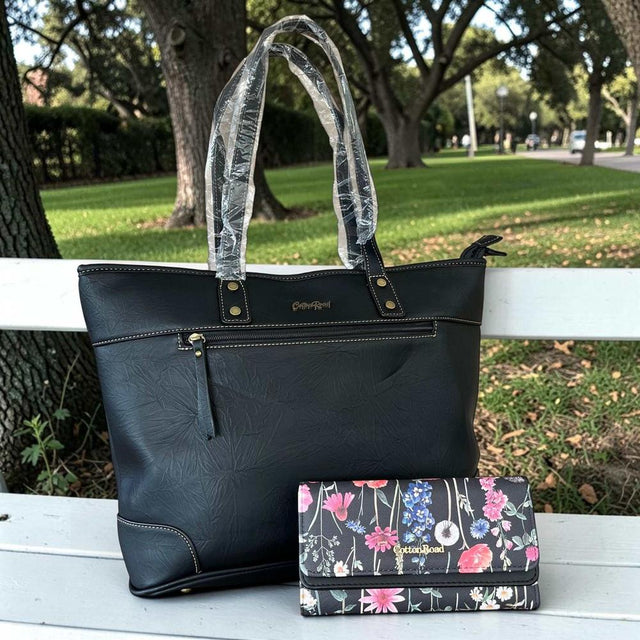 Cotton Road Handbag: BLACK PU Leather with Matching Floral Wallet