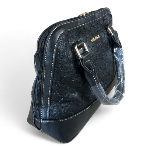 Cotton Road Handbag: BLACK Patterned PU Leather Handbag