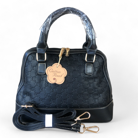 Cotton Road Handbag: BLACK Patterned PU Leather Handbag