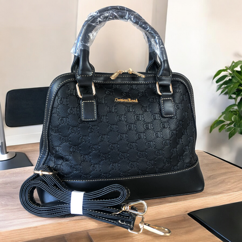 Cotton Road Handbag: BLACK Patterned PU Leather Handbag
