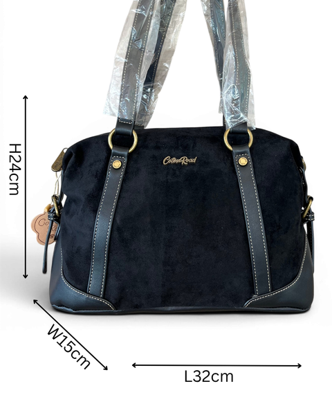 Cotton Road Handbag: BLACK SUEDE-Look PU Leather with Buckle Detailing