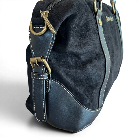 Cotton Road Handbag: BLACK SUEDE-Look PU Leather with Buckle Detailing