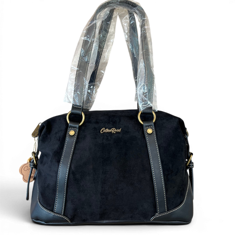Cotton Road Handbag: BLACK SUEDE-Look PU Leather with Buckle Detailing